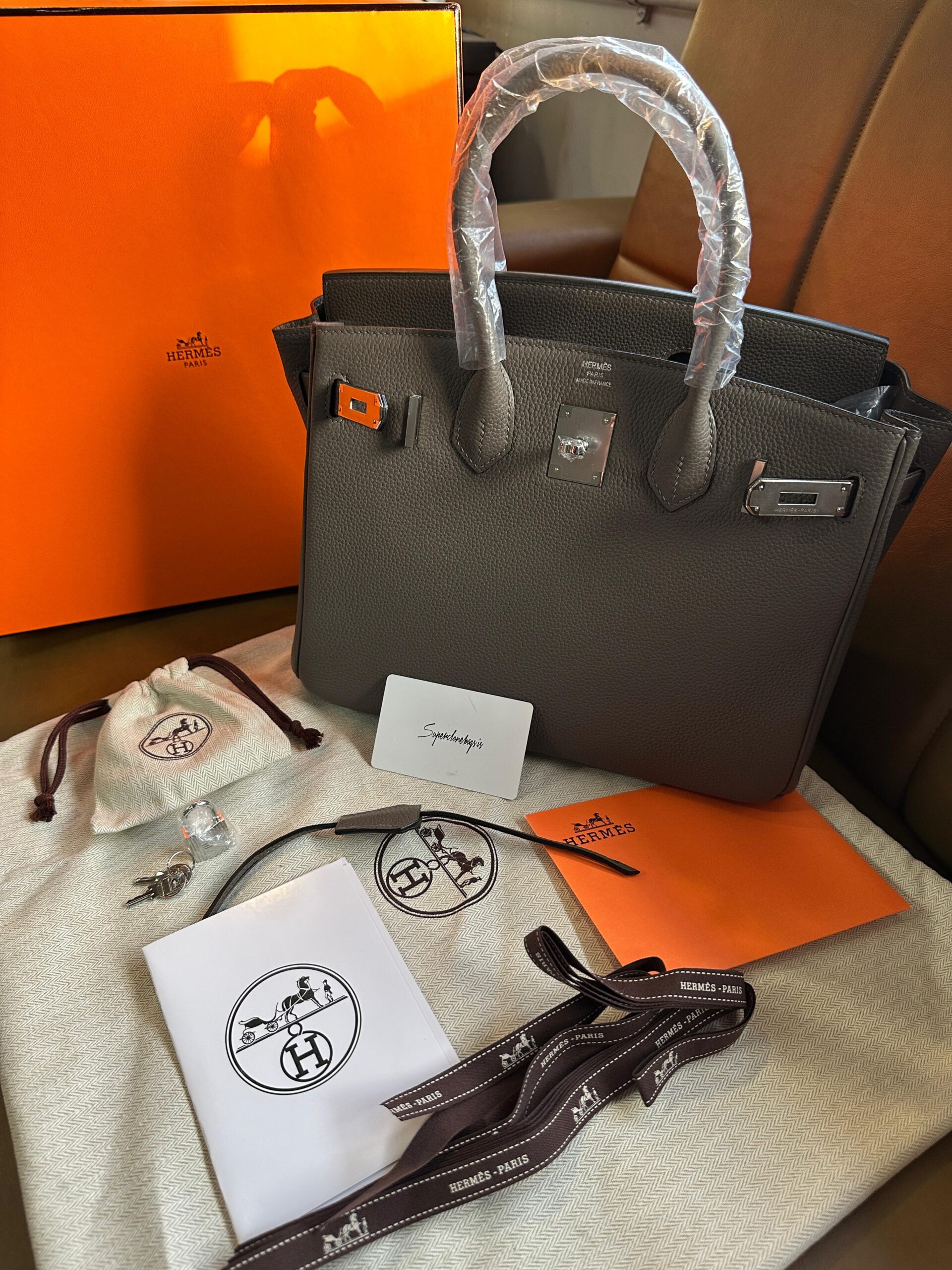 Hermes Birkin 30 Grey Togo Leather Gris Etain Hand Made Replica Bag - Image 14