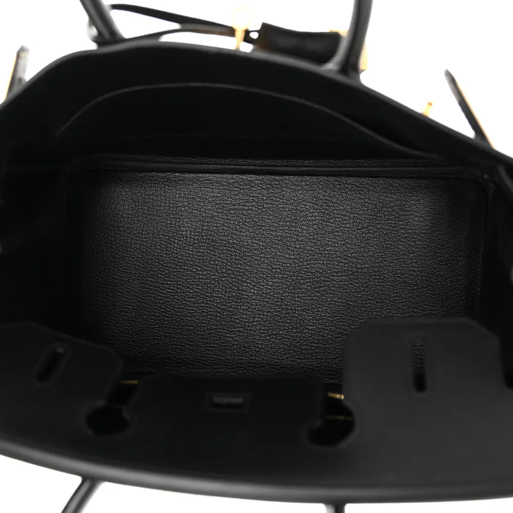 Interior view of the Herme$ Epsom Leather Birkin 30 with leather lining, zip pocket, and slip pocket