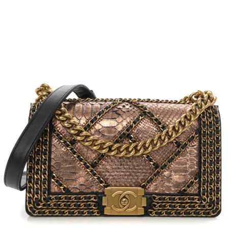 Front view of the copper snakeskin Chain Around Boy Flap with aged gold chain strap