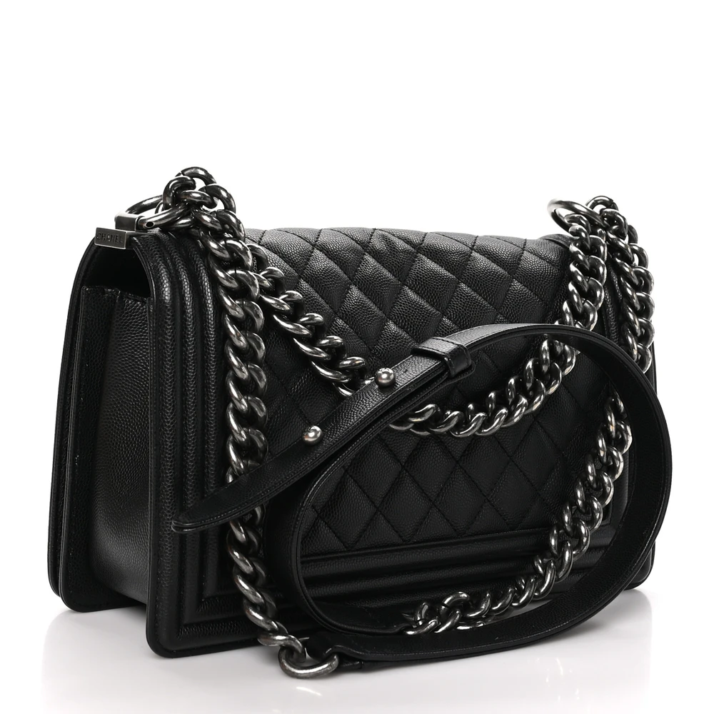 Back view of the black caviar leather Medium Boy Flap with rear slip pocket
