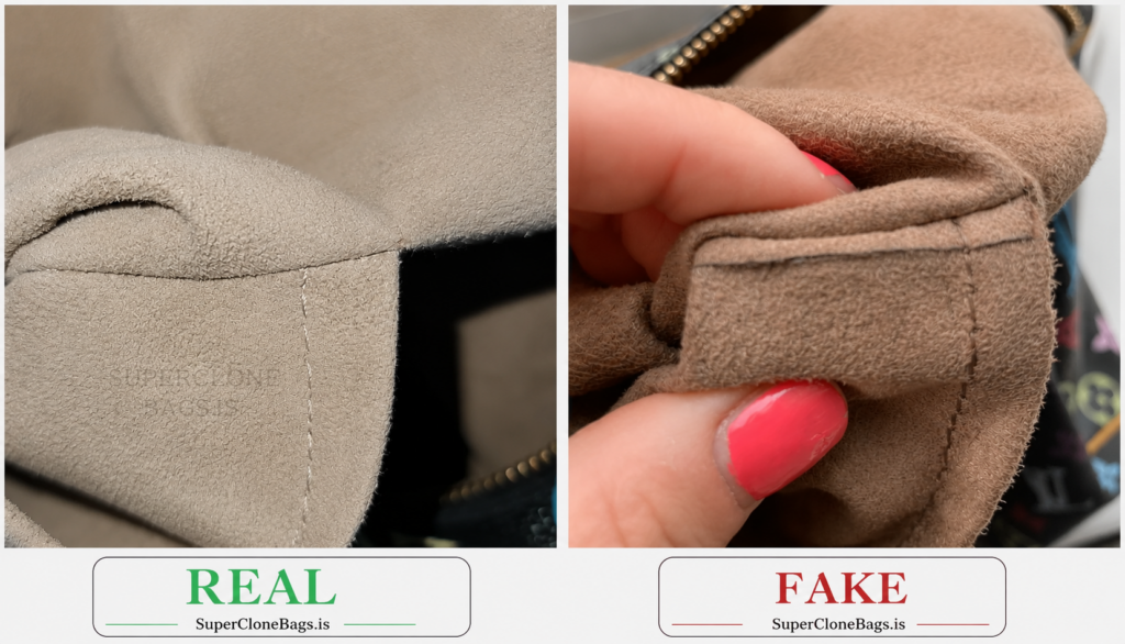 Close-up comparison of real vs fake superclone bags showing interior suede lining, folded seam construction, stitching quality, and craftsmanship differences.