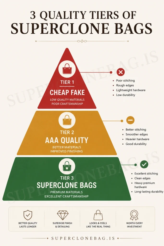 Pyramid infographic showing the three quality tiers of superclone bags: Cheap Fake, AAA Quality, and Superclone Bags, comparing materials, stitching, hardware, and craftsmanship.