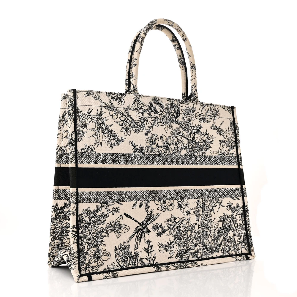 Back view of the D!0r large latte embroidered canvas Book Tote