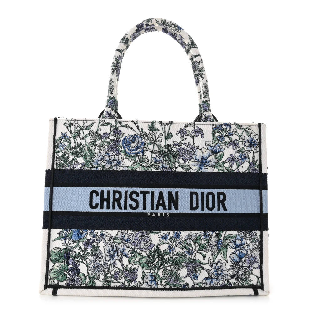 Blue embroidered Medium Book Tote with jungle motif and rolled canvas top handles