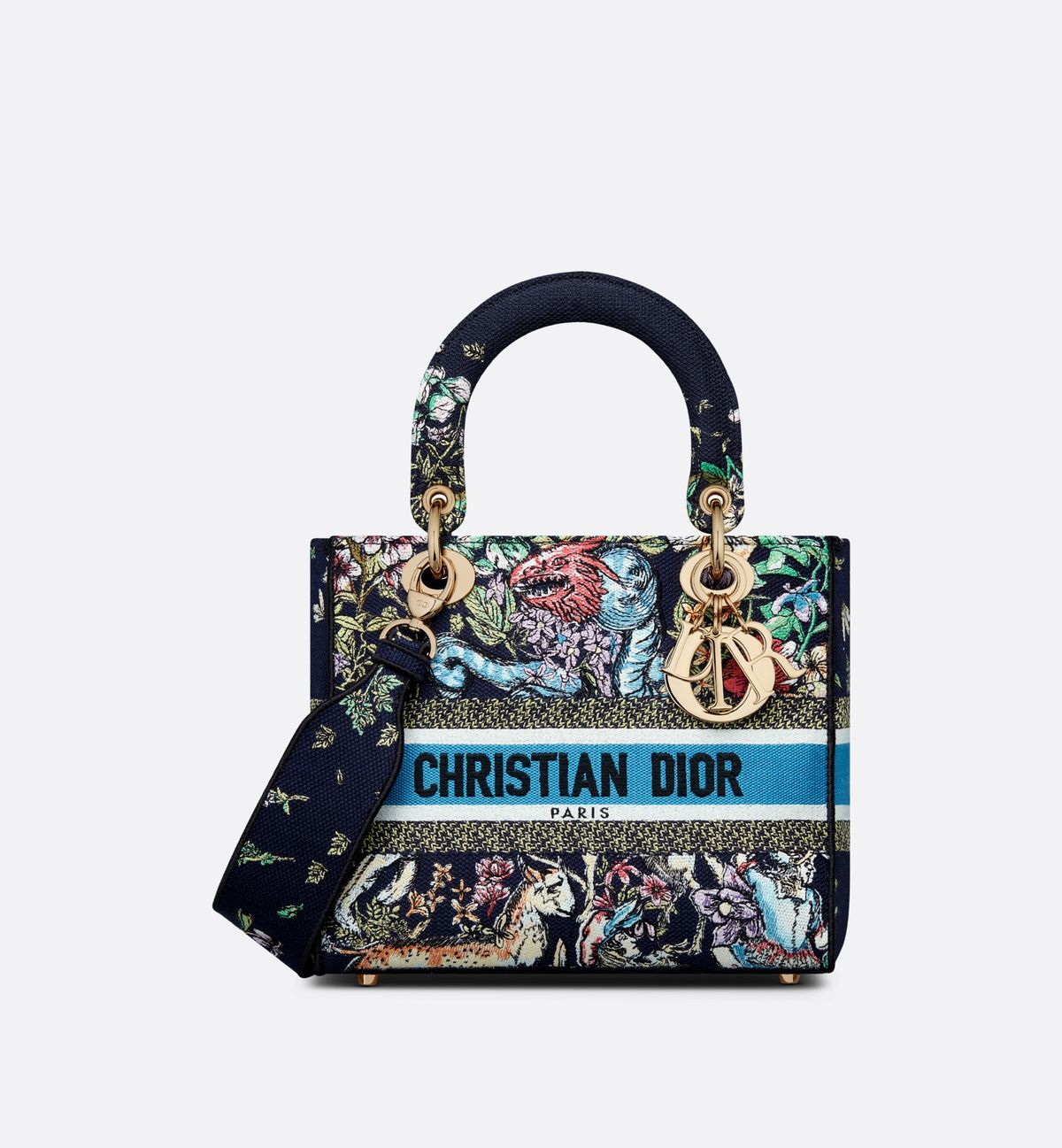 Blue and multicolor embroidered Medium Lady D-Lite bag with D-Constellation motif and top handles