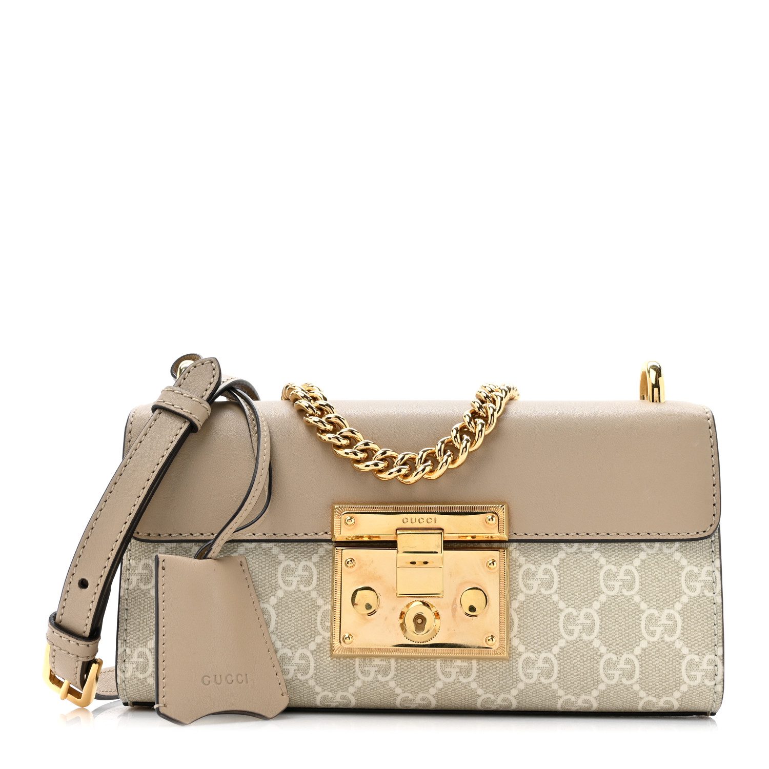 Front view of the GG Supreme Padlock Small Chain Shoulder Bag with Web stripe and padlock closure