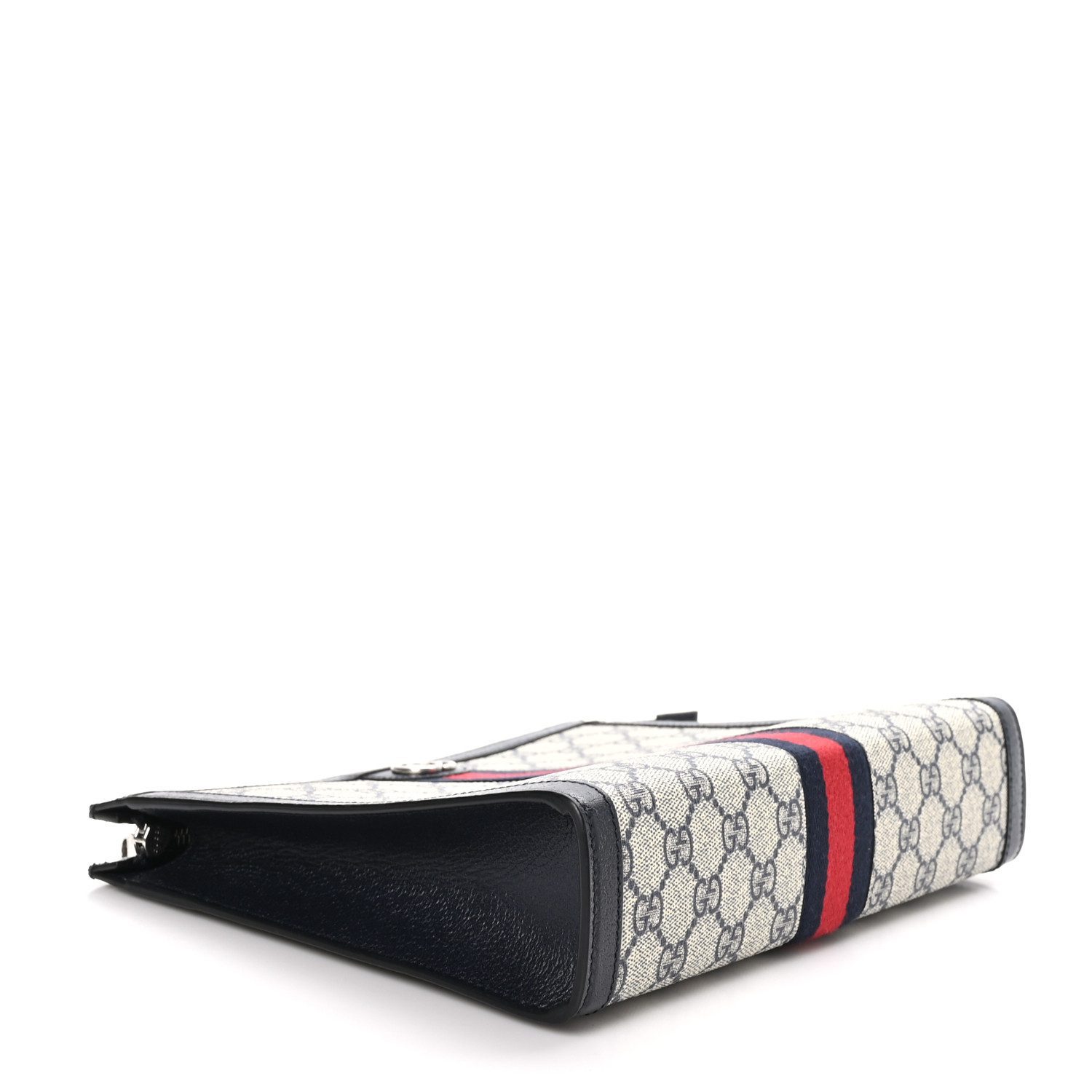 Bottom view of the GG Supreme Monogram Web Ophidia Pouch showing the structured canvas base