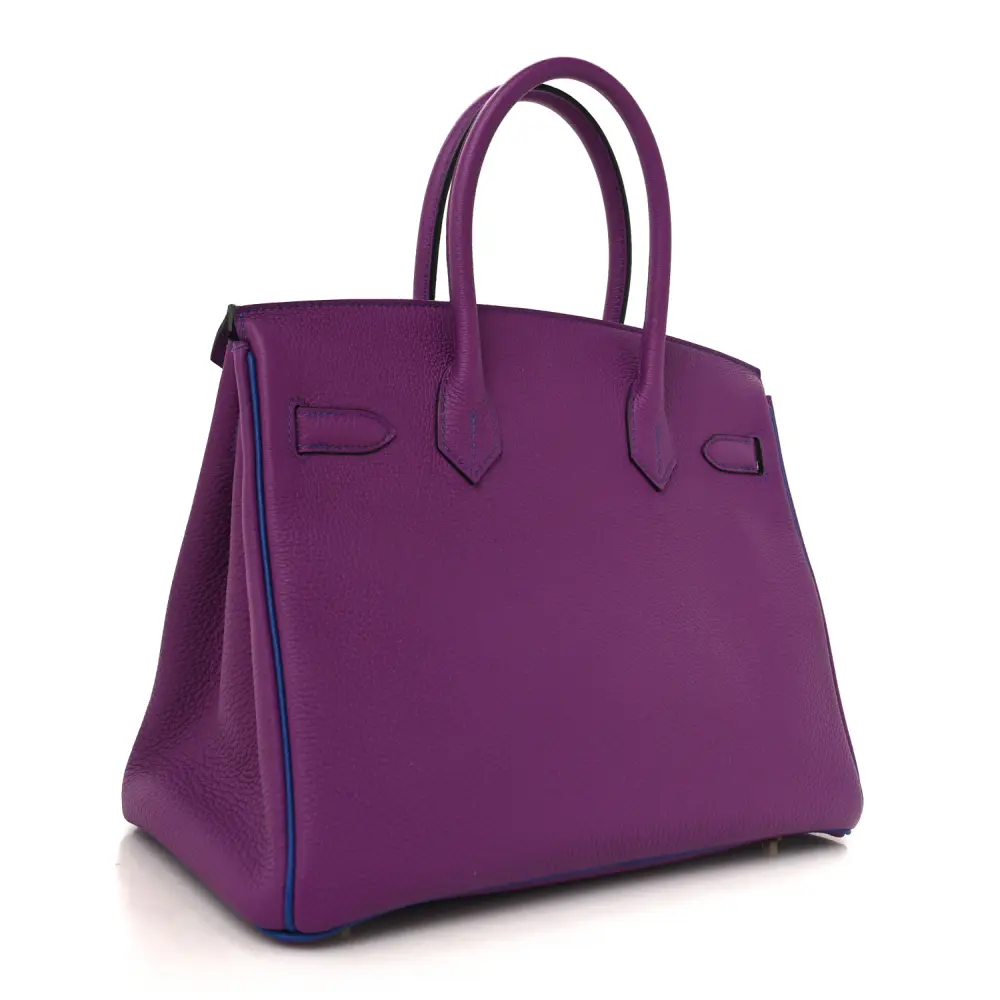 Back view of the Herme$ Horseshoe Birkin 30 in Anemone and Bleu Electrique Togo leather