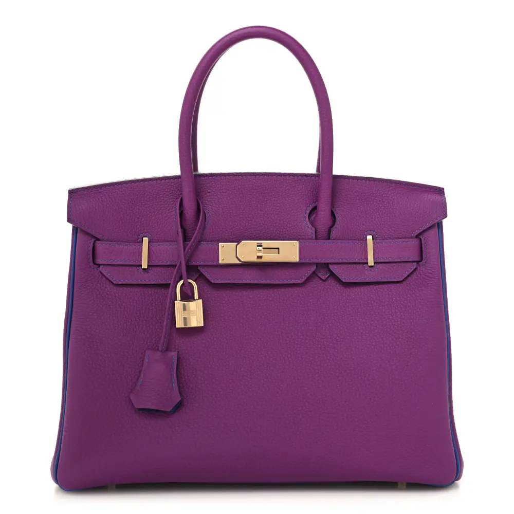 Front view of the Herme$ Horseshoe Birkin 30 in Anemone and Bleu Electrique with gold hardware