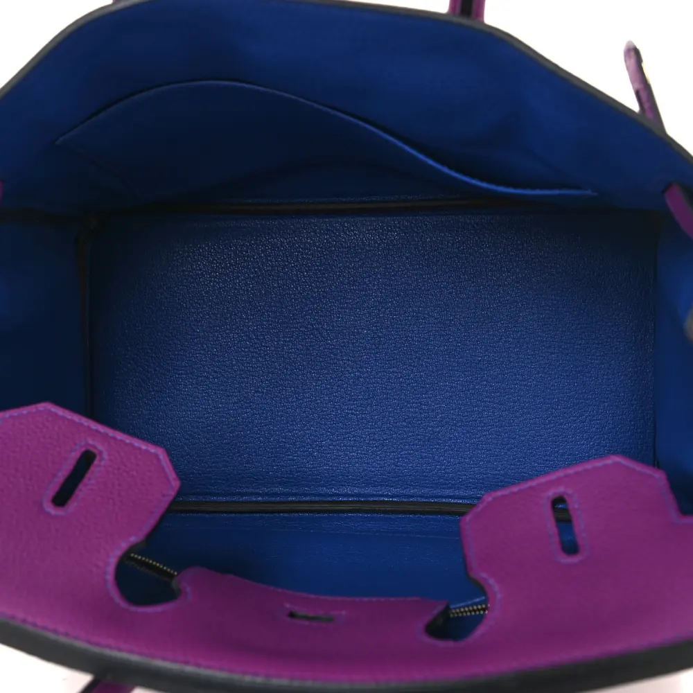 Interior view of the Herme$ Horseshoe Birkin 30 with leather lining, zip pocket, and slip pocket