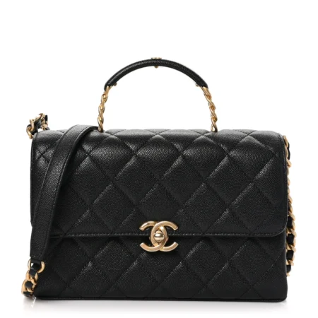 Front view of the black caviar leather Ch@nel Medium Carry Me Flap with elegant top handle