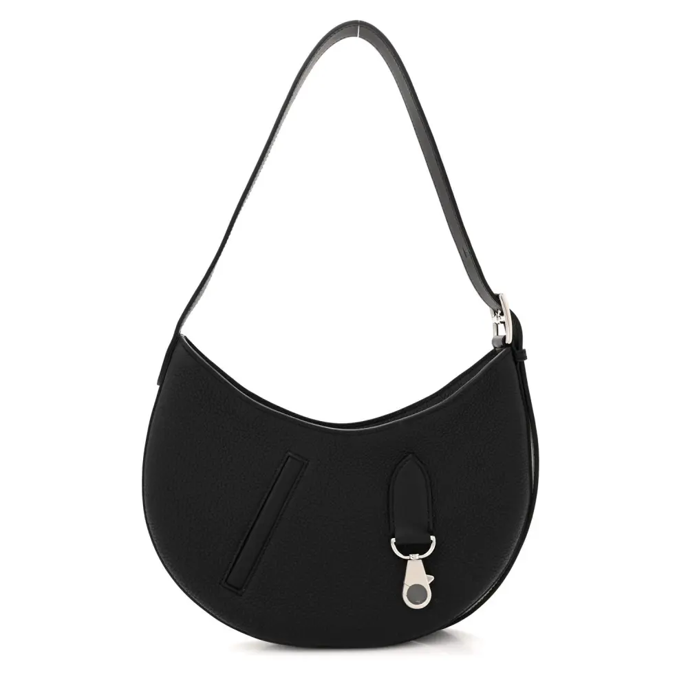 Front view of the Herme$ Black Togo and Swift Leather P’tit Arçon