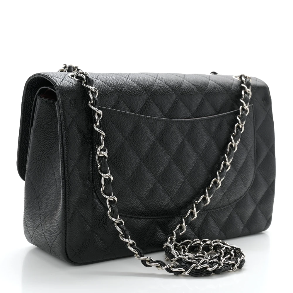 Back view of the black caviar leather Jumbo Double Flap with silver chain straps