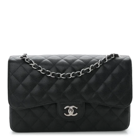 Front view of the black caviar leather Jumbo Double Flap with silver chain straps