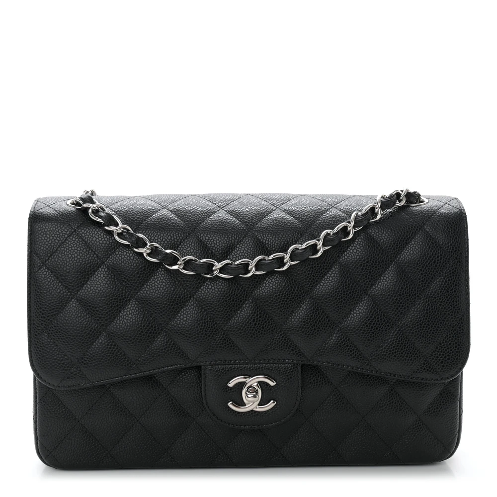 Front view of the black caviar leather Jumbo Double Flap with silver chain straps