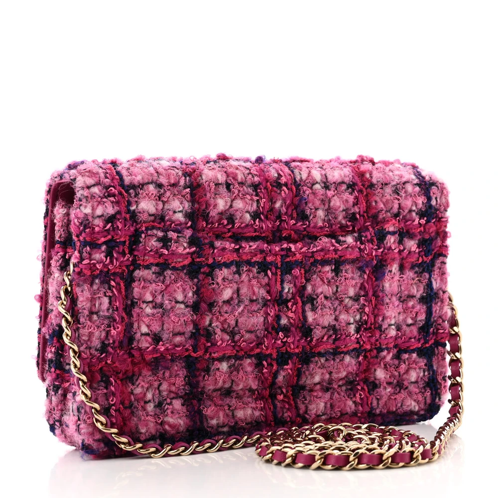 Back view of the fuchsia and purple tweed Wallet On Chain with gold chain strap
