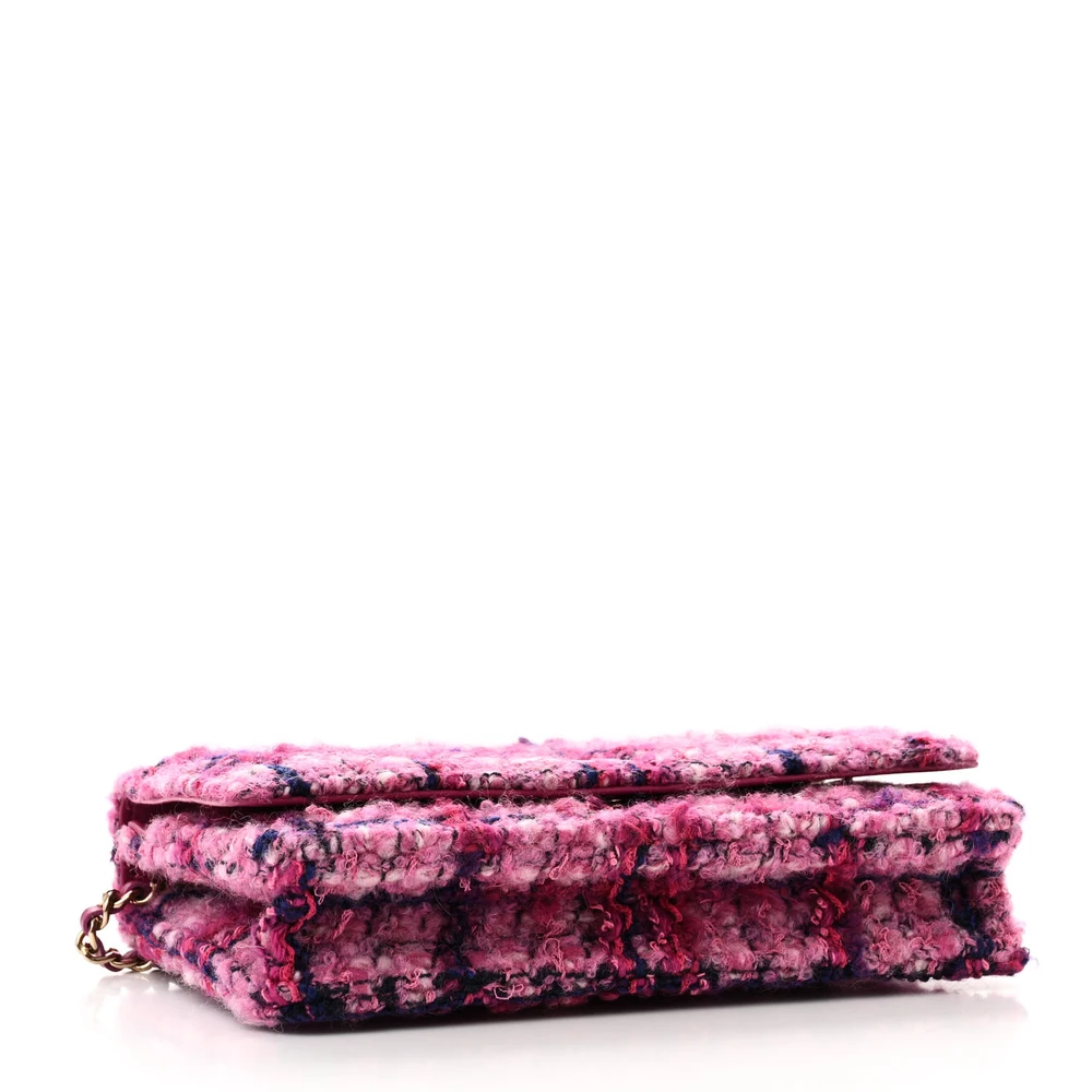 Bottom view of the fuchsia and purple tweed Wallet On Chain with gold chain strap