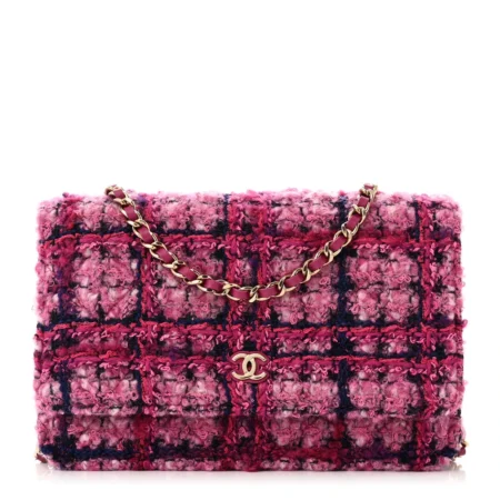 Front view of the fuchsia and purple tweed Wallet On Chain with gold chain strap