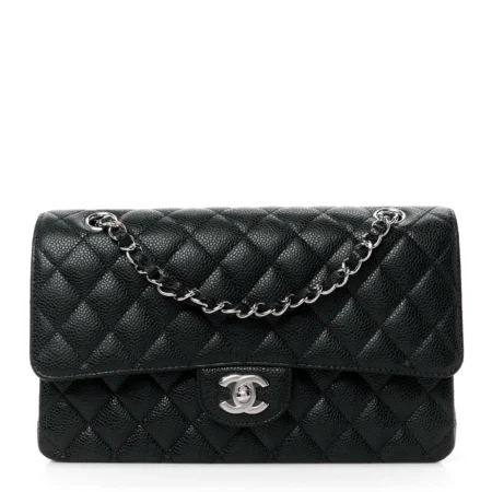 Front view of the black caviar leather Medium Double Flap Bag with silver-tone hardware