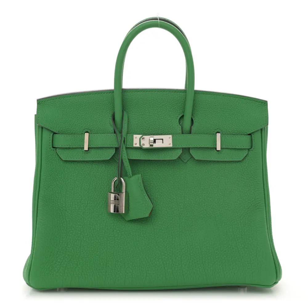 Front view of the Herme$ Verso Birkin 25 in Bambou and Caramel Togo leather