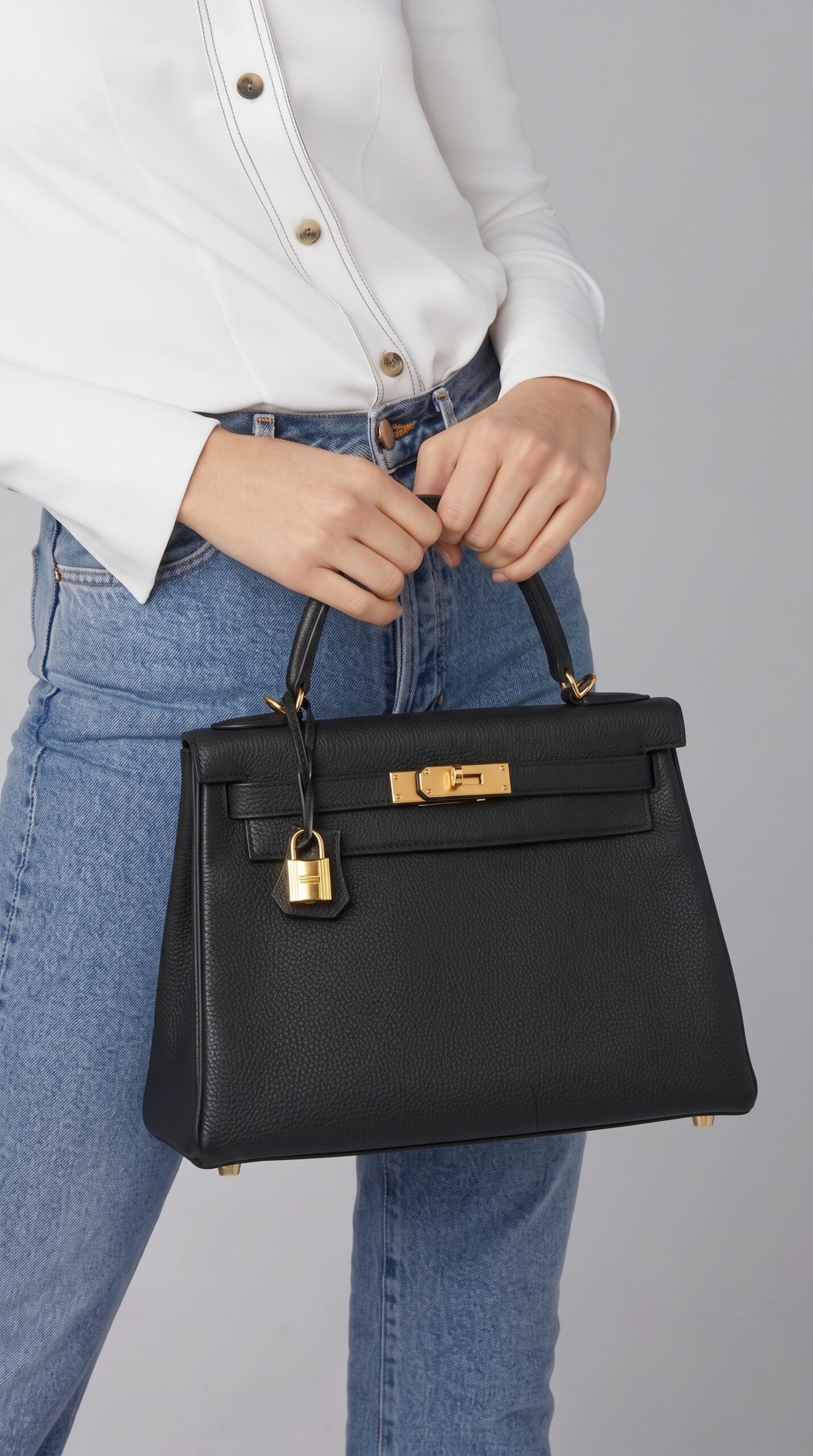 Model wearing the Herme$ Black Togo Leather HAC à Dos GM Backpack with Palladium hardware