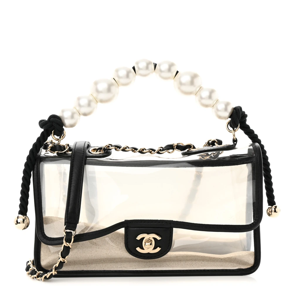 Front view of the black PVC Ch@nel Sand By The Sea Flap with faux pearl shoulder strap