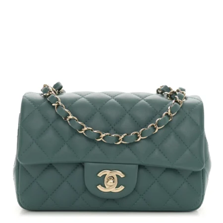 Front view of the green lambskin ch@nel Mini Rectangular Flap with polished gold chain strap