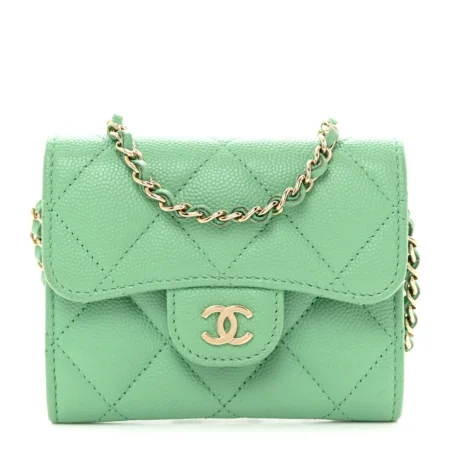 Front view of the light green quilted caviar leather Ch@nel Small Flap Card Holder On Chain