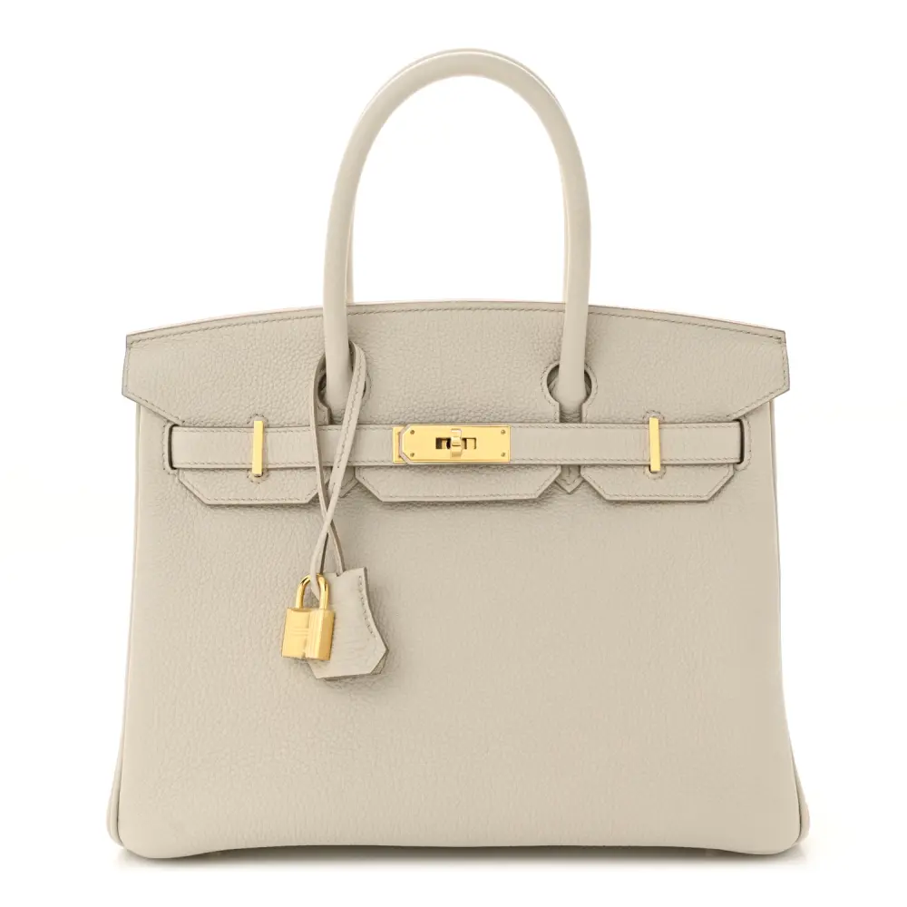 Front view of the Herme$ Togo Leather Birkin 30 in Beton with gold hardware