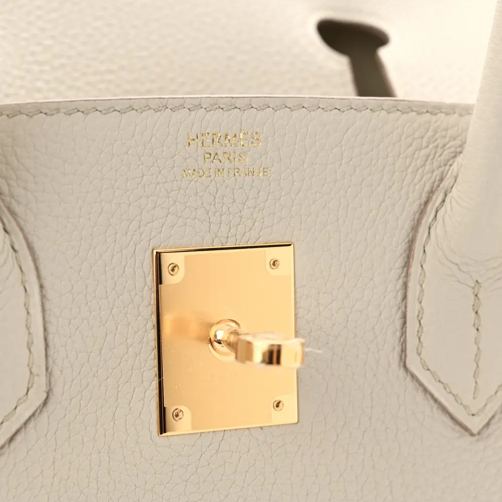 Close-up of the Herme$ Birkin 30 lock, gold hardware, and signature sangles straps