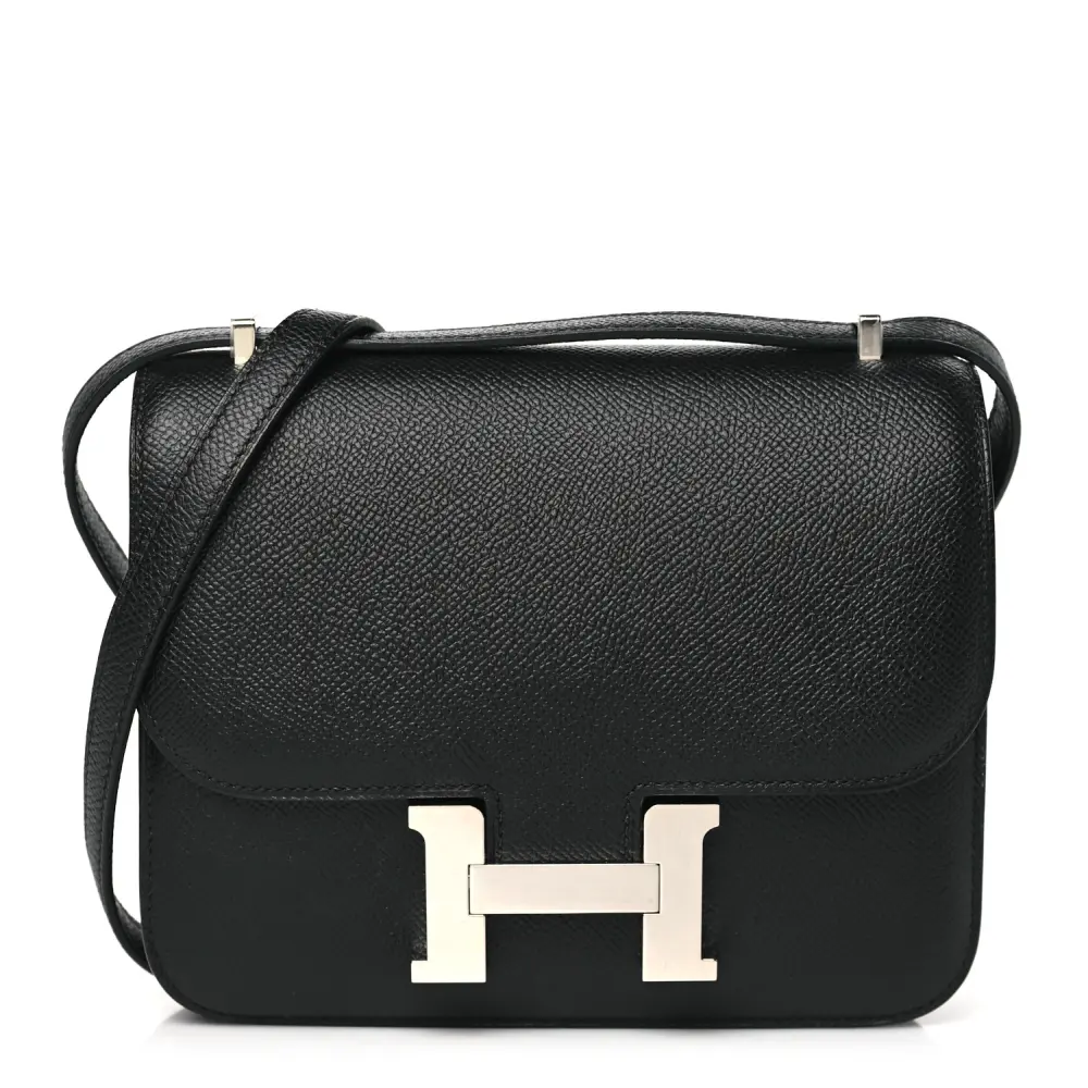 Front view of the Herme$ Epsom Constance 18 in Black with gold hardware