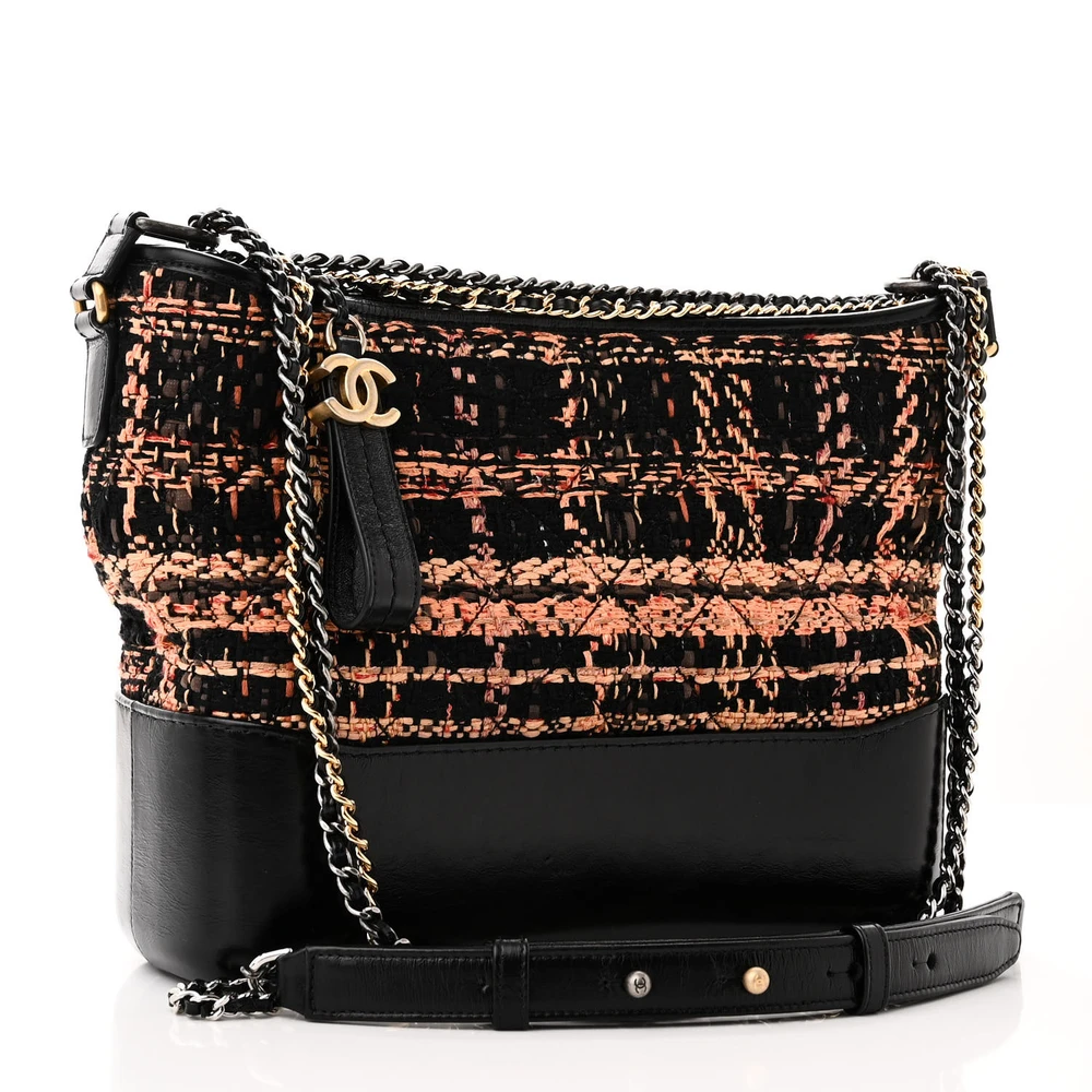 Back view of the black and brown tweed Medium Gabrielle Hobo with gradient metal chain strap