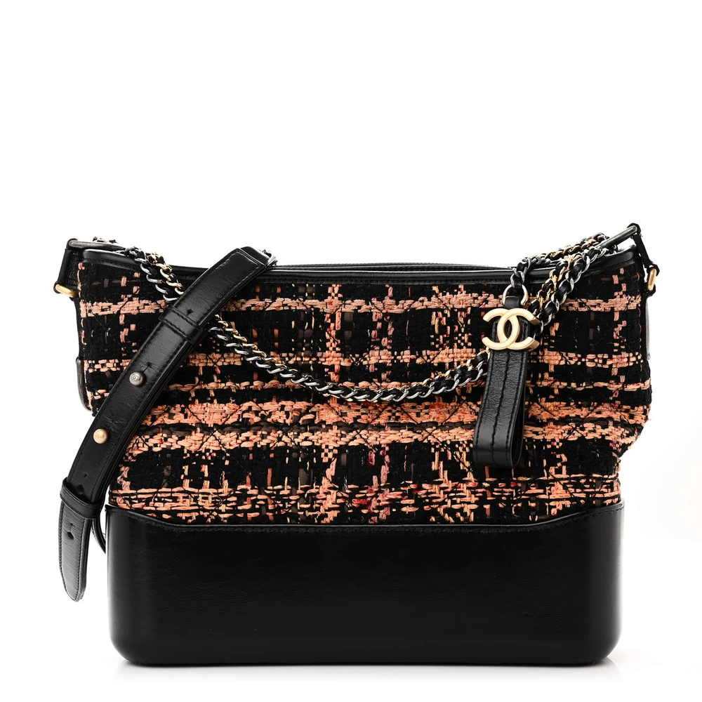 Front view of the black and brown tweed Medium Gabrielle Hobo with gradient metal chain strap
