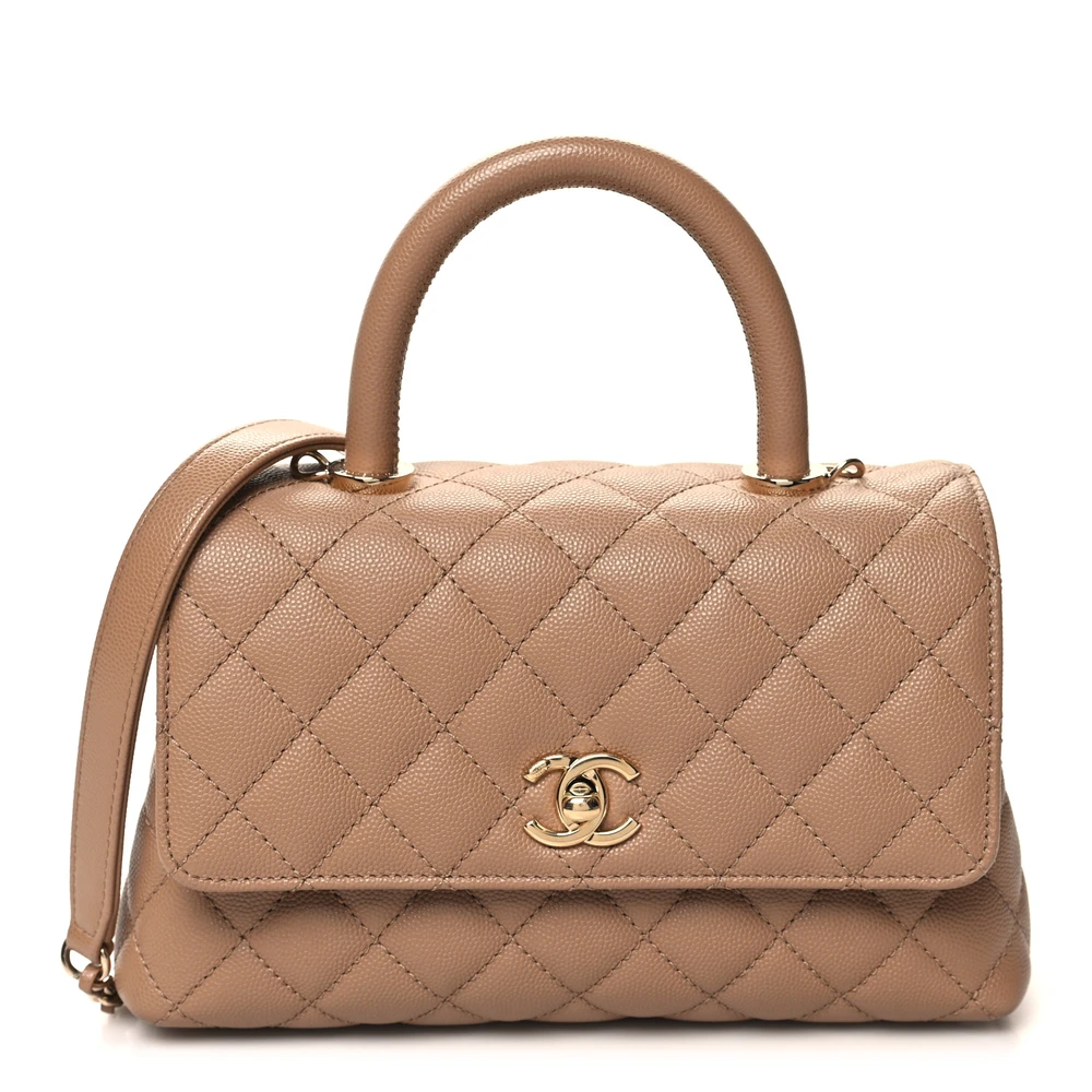 Front view of the brown caviar leather Mini Coco Handle Flap with gold chain strap