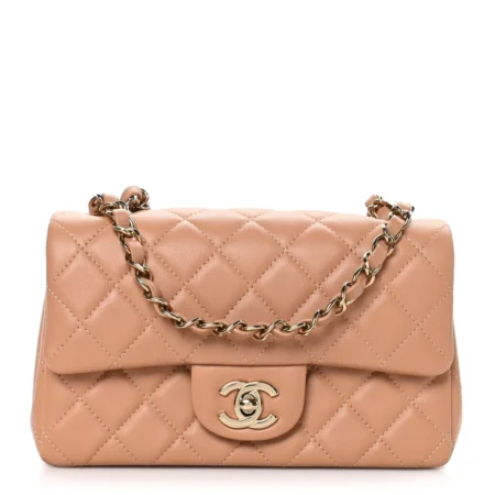 Front view of the brown lambskin Mini Rectangular Flap with light gold chain strap