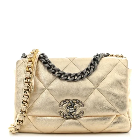 Front view of the gold metallic lambskin Ch@nel Medium 19 Flap with mixed-metal chain-link strap