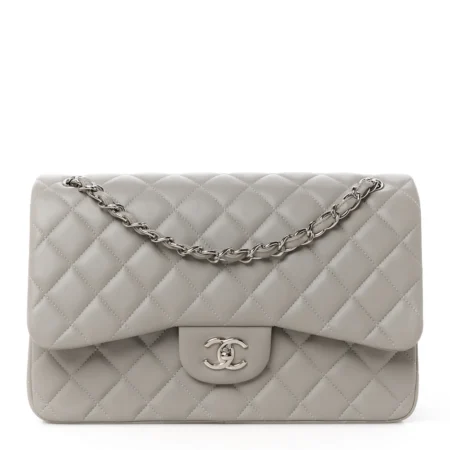 Front view of the grey lambskin Jumbo Double Flap with gold chain straps