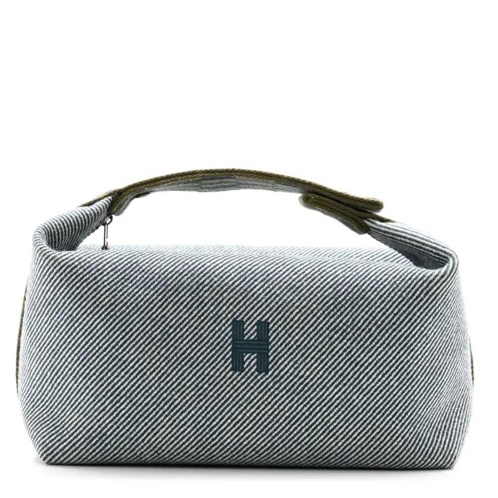 Front view of the Herme$ Bride-à-Brac H Natte Bleu Abysse Wool Large Pouch