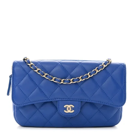 Front view of the blue lambskin leather Ch@nel Flap Phone Holder with gold chain strap
