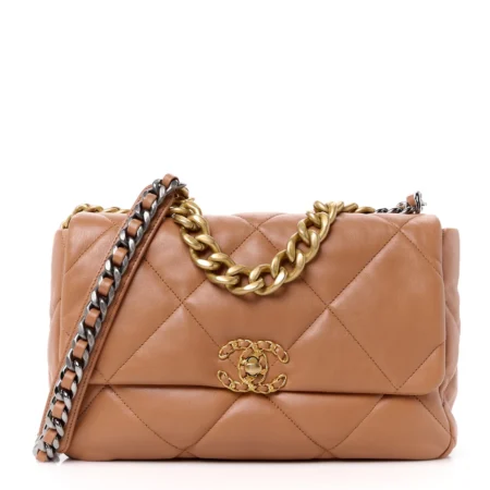 Front view of the brown quilted lambskin leather Large Ch@nel 19 Flap with mixed metal chain strap