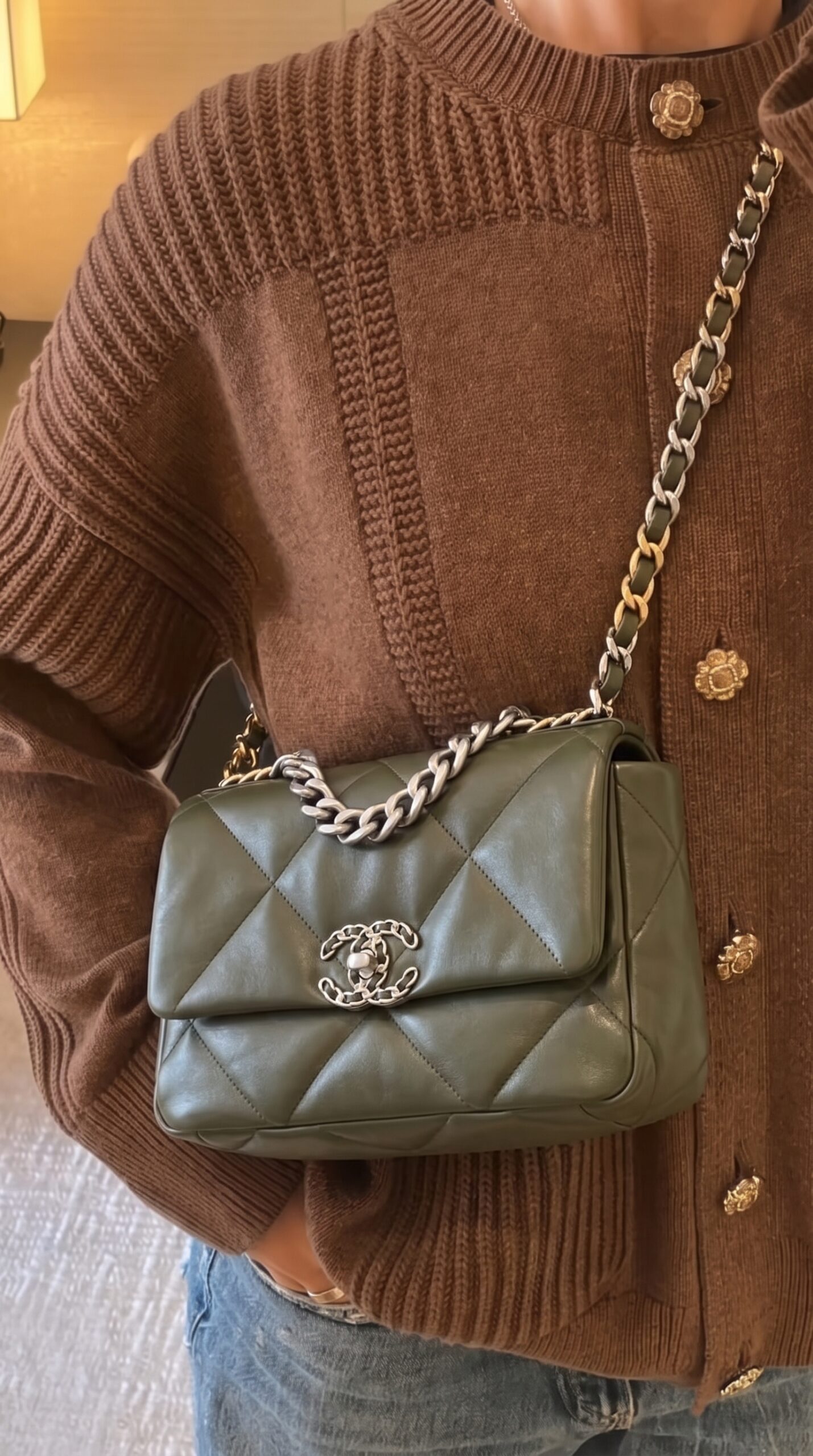 Ch@nel Medium 19 Flap Khaki Premium Replica ShoulderBag