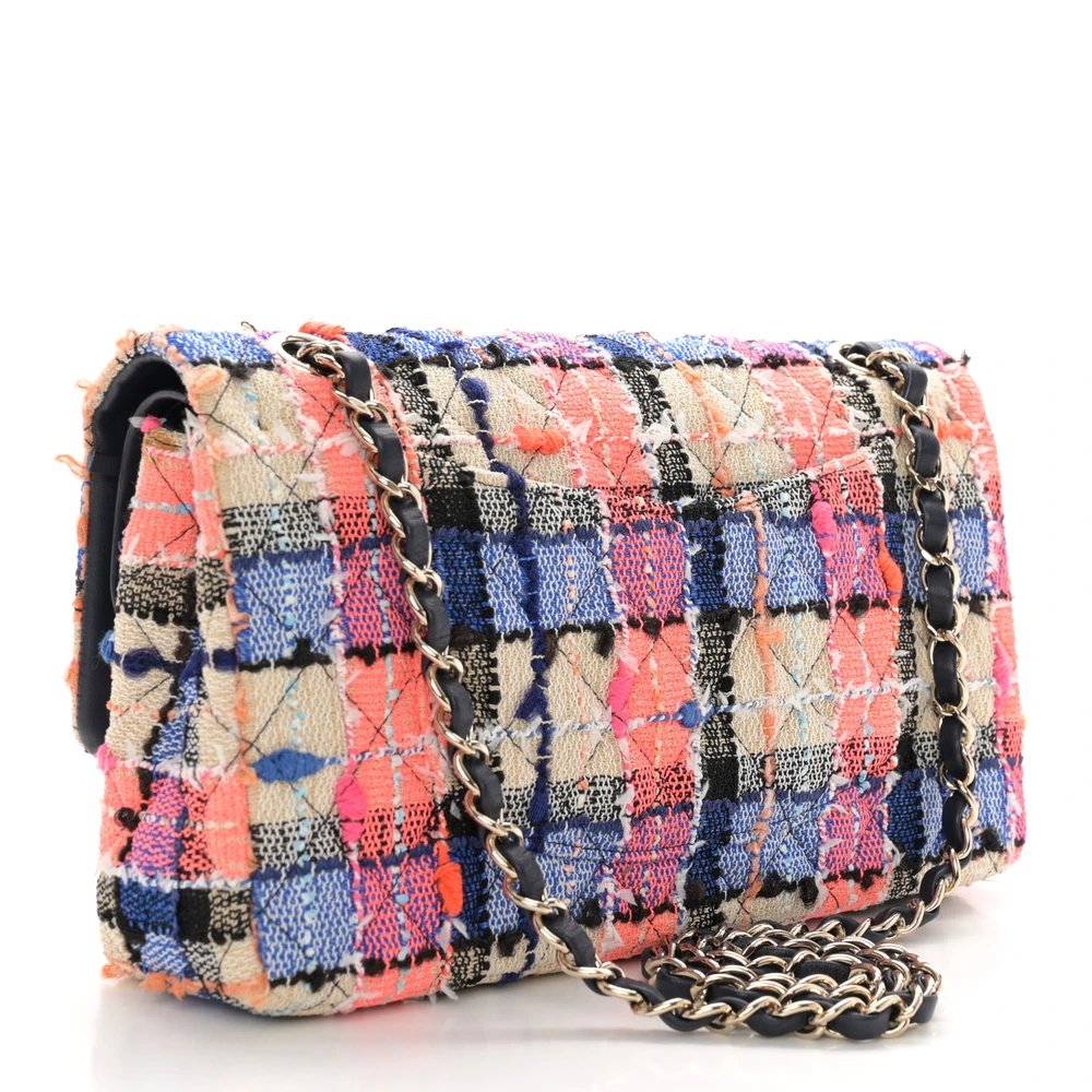Back view of the multicolor tweed Ch@nel Medium Double Flap showing the structured base