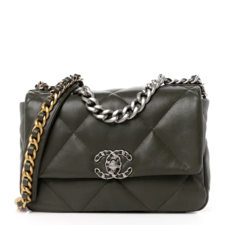 Front view of the khaki lambskin Ch@nel 19 Medium Flap with mixed-metal chain shoulder strap