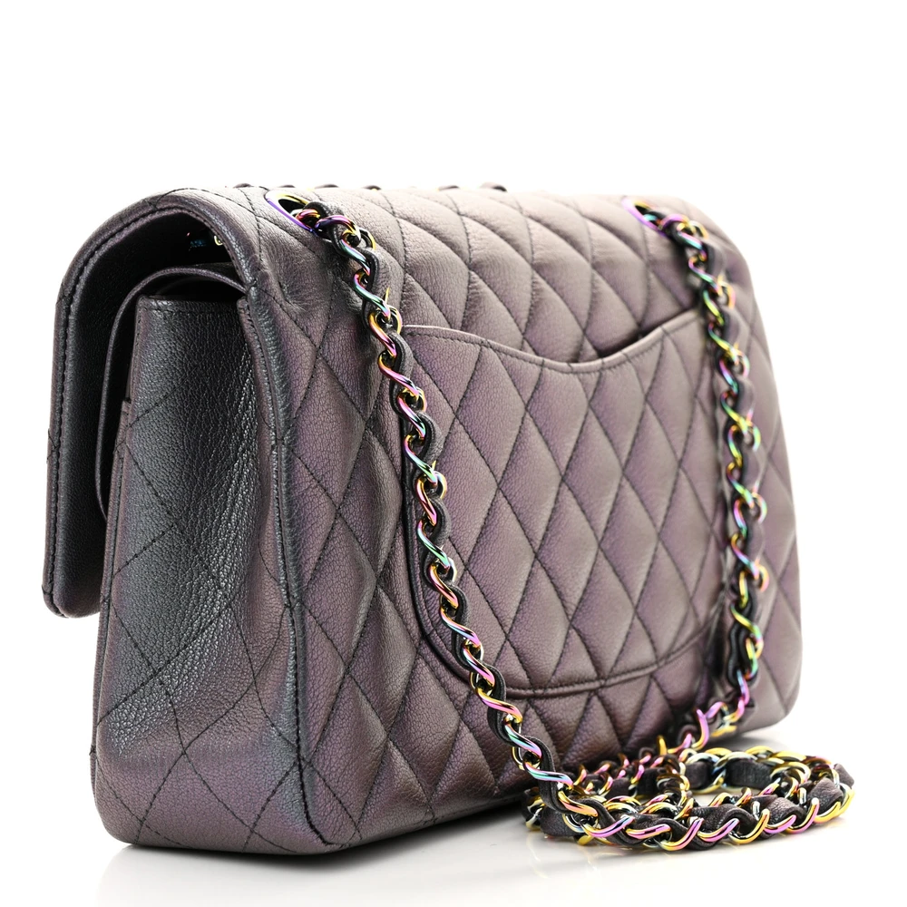 Back view of the iridescent purple goatskin Ch@nel Medium Double Flap with iridescent chain-link straps