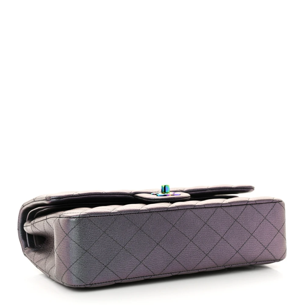 Bottom view of the iridescent purple goatskin Ch@nel Medium Double Flap with iridescent chain-link straps