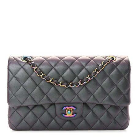 Front view of the iridescent purple goatskin Ch@nel Medium Double Flap with iridescent chain-link straps