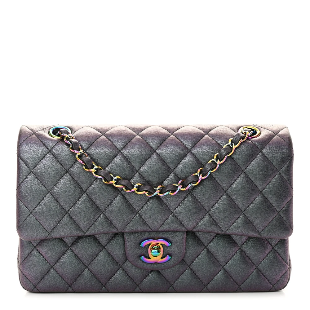 Front view of the iridescent purple goatskin Ch@nel Medium Double Flap with iridescent chain-link straps