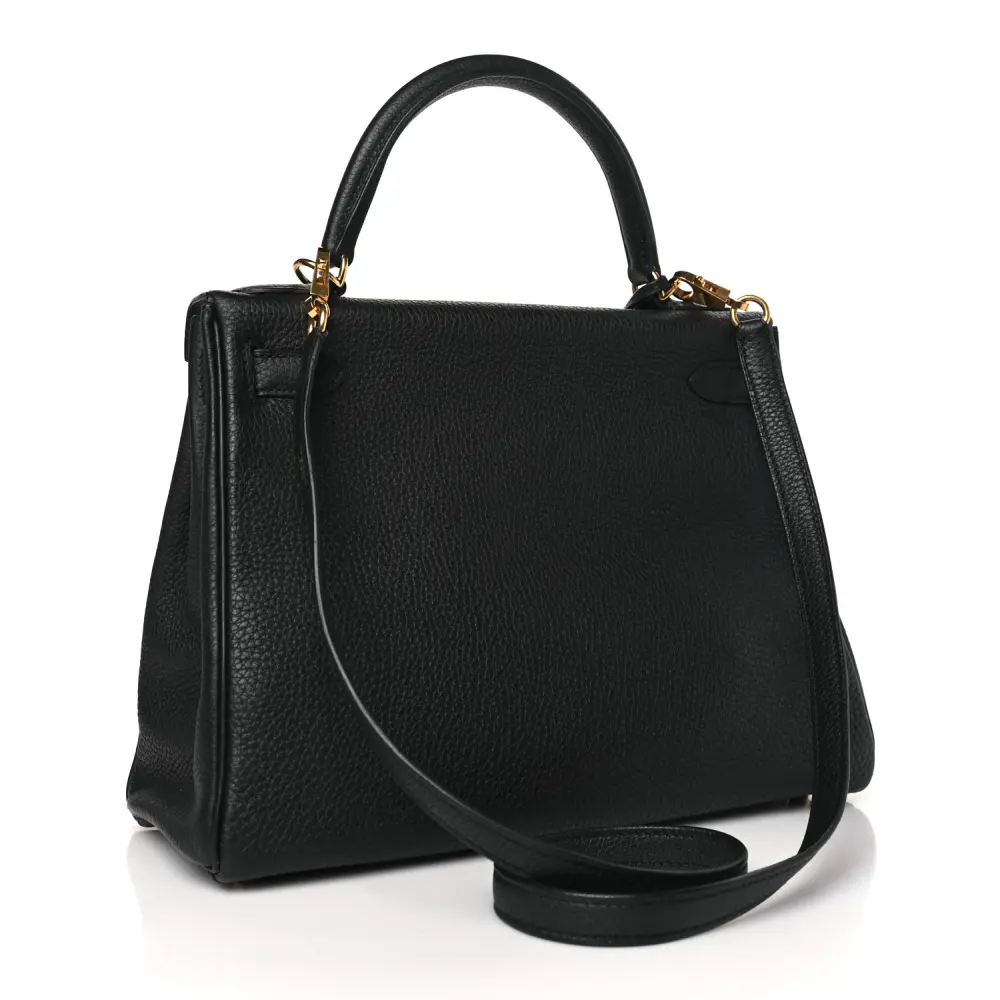 Back view of the Herme$ Kelly Retourne 28 Black Togo Leather with gold hardware