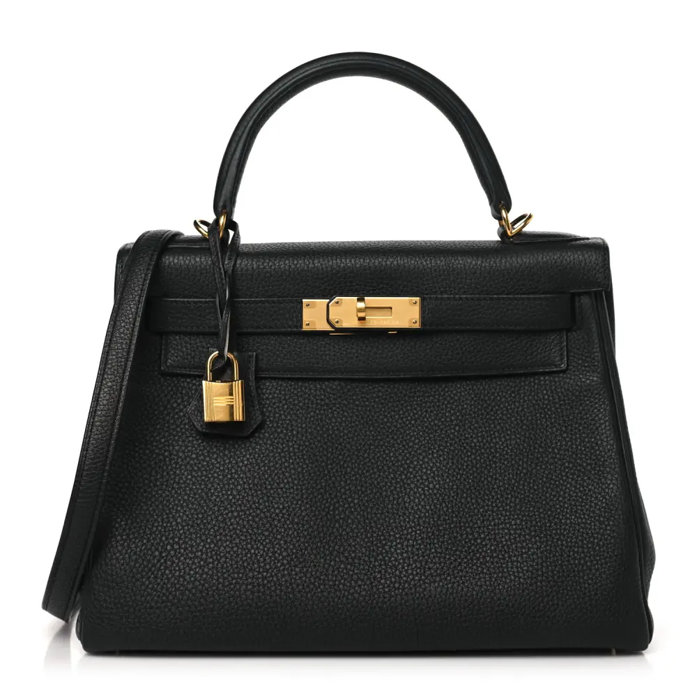 Front view of the Herme$ Kelly Retourne 28 Black Togo Leather with gold hardware