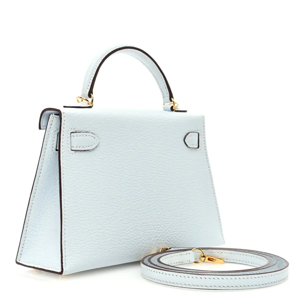 Front view of the Herme$ Bleu Brume Chèvre Mysore Leather Mini Kelly Sellier 20